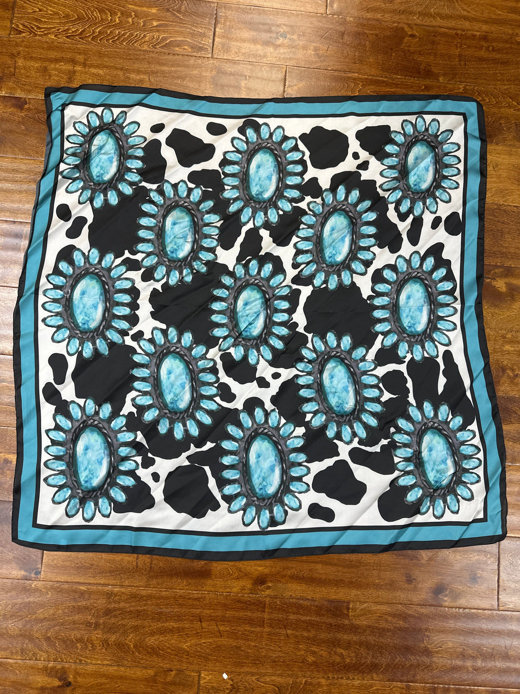 Large Turquoise/Cow Print Wild Rag.