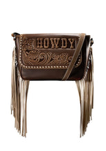 Load image into Gallery viewer, Ariat Women's Dark Brown Leather Embossed Margo Howdy Crossbody Purse with Fringe