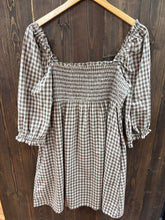 Load image into Gallery viewer, Women’s Mocha/Taupe Gingham Smocked Babydoll Dress