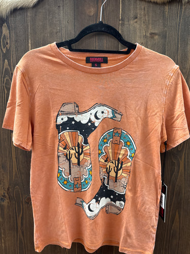 Women’s Rock & Roll Boot Graphic Tee - Orange Acid Wash