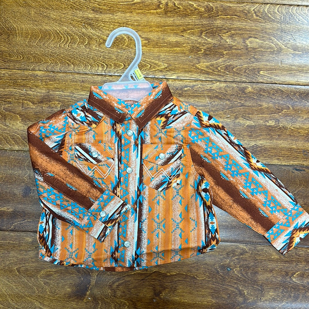 Wrangler Little Boys Orange/Blue Print Snap Up