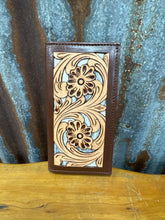 Load image into Gallery viewer, Men’s Tan And Brown Tooled Leather With Cowhide Wallet