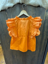 Load image into Gallery viewer, Game Day Orange Ruffle Sleeve Stitch Detail Woven Top