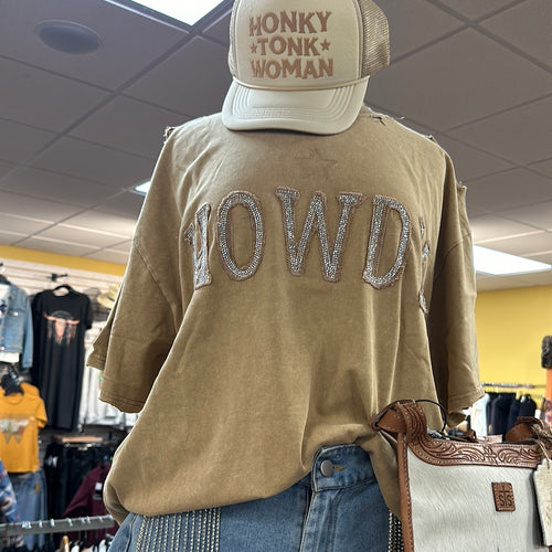 Tan Star Stitched Howdy Distressed Tee.