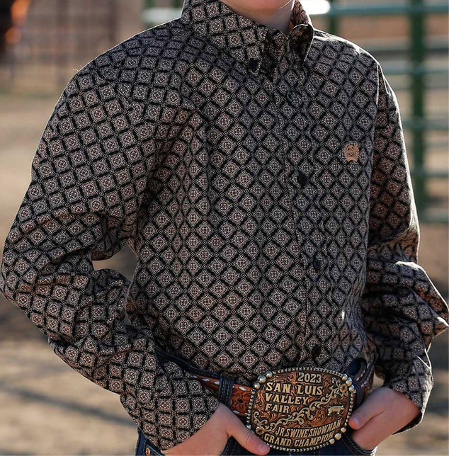 Cinch Boye Black Geo Print Button Up Shirt.
