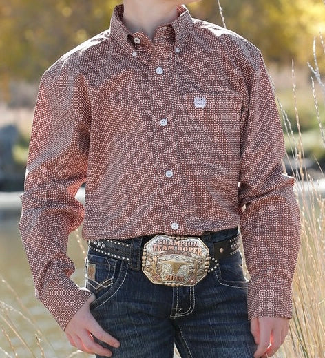 Boys Cinch Brown Long Sleeve Button Down Shirt.