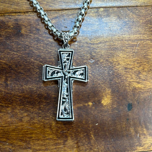 Justin Men’s Necklace Stainless Steal Cross w/ Filigree.