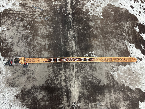 Tooled Beaded Inlay Leather Belt.