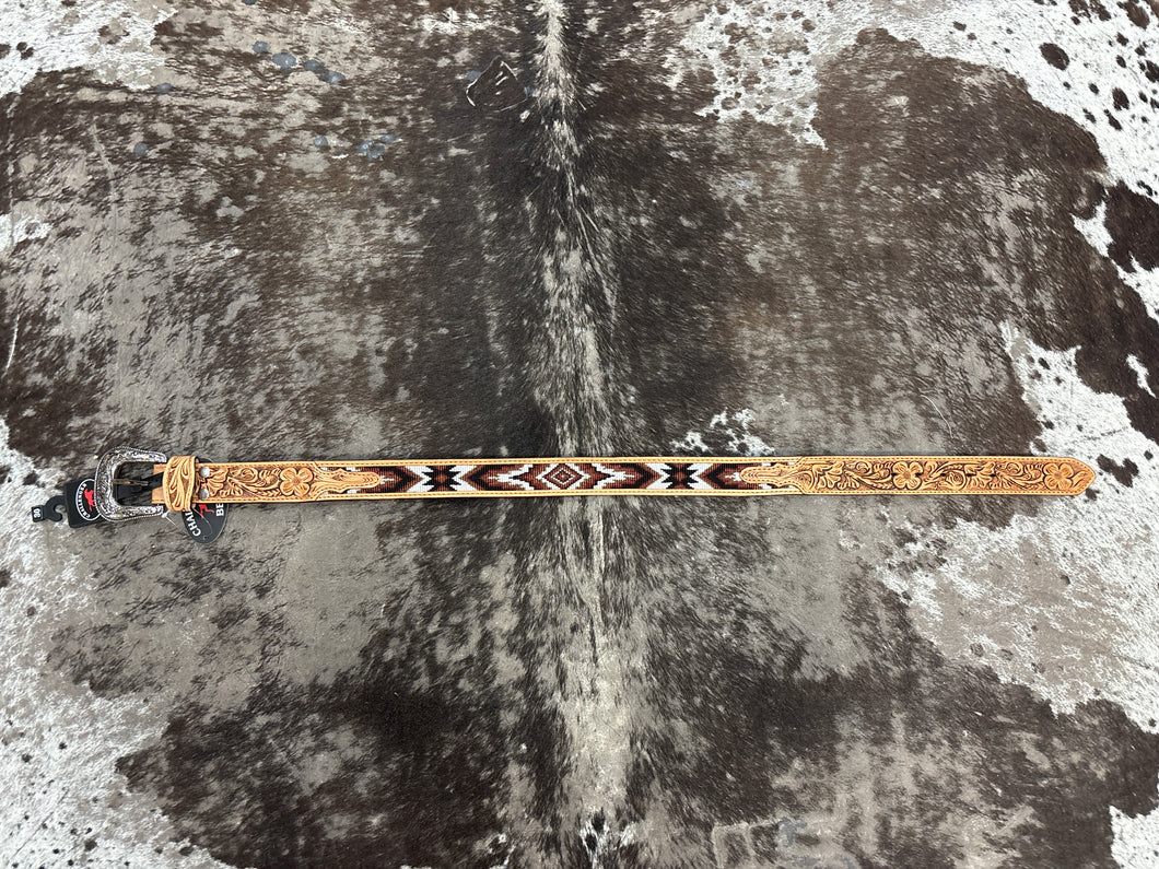 Tooled Beaded Inlay Leather Belt.
