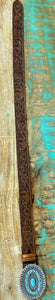 Medina Tan Floral Embossed Hooey Belt w/ Faux Turquoise Aztec Scalloped Buckle.
