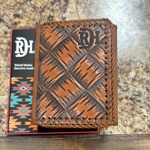 Red Dirt Trifold Wallet XL Basketweave Tooling w/ Laced Leather Edge.