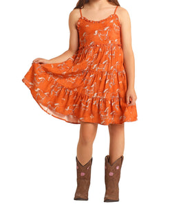 Girls Burnt Orange Horse Print Dress Rustic Soul Girls Burnt Orange Horse Print Dress Rustic Soul