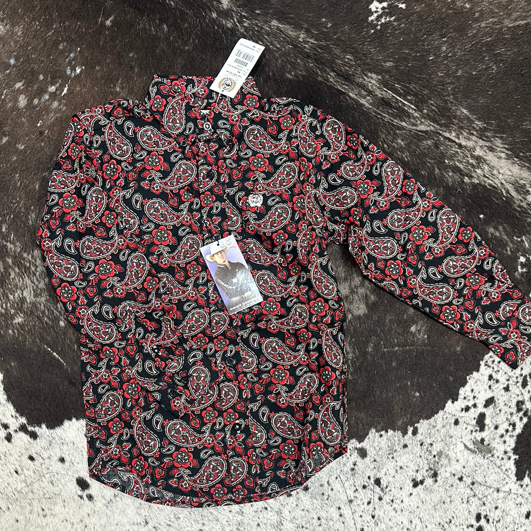 Boys Cinch LS Black/Red Button Up