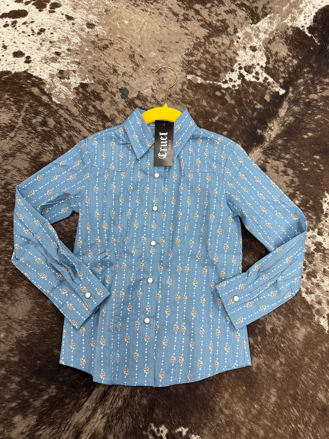 Girls Cruel Blue Floral LS Button Up