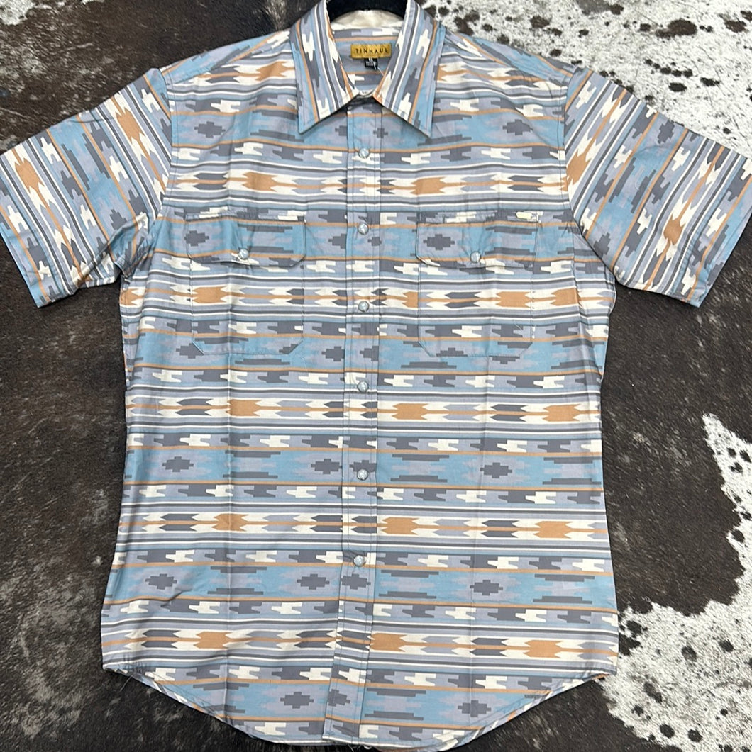 Tin Haul Horizontal Ghost Aztec Print Short Sleeve Snap Up.
