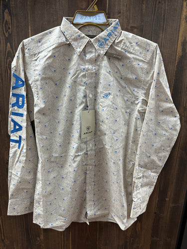 Ariat Mens Khaki/Blue Logo Button Up Shirt.