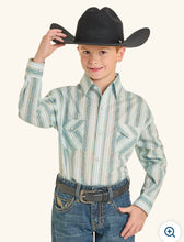 Load image into Gallery viewer, Boys Panhandle Turquoise Vintage Stripe LS PearlSnap