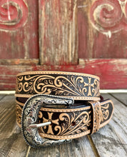 Load image into Gallery viewer, Men’s Western Leather Tooled Scroll Cross Tan Cowboy Belt