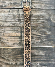 Load image into Gallery viewer, Men’s Western Leather Tooled Scroll Cross Tan Cowboy Belt