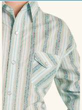 Load image into Gallery viewer, Boys Panhandle Turquoise Vintage Stripe LS PearlSnap