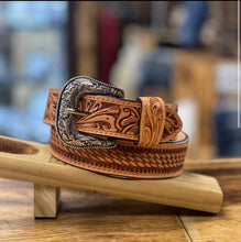 Load image into Gallery viewer, Men’s Wide Floral Basketweave Tooled Leather Tan Belt