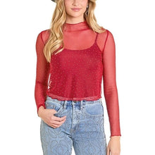 Load image into Gallery viewer, Women’s Rock&amp;Roll Scarlet Mesh Rhinestone Top