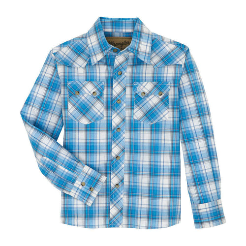 Wrangler Boys Blue Plaid Snap Up.