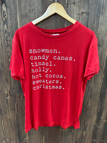 Women’s Red “Snowmen. Candy Canes. Tinsel” Tee