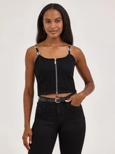 Load image into Gallery viewer, Woman’s Wrangler West Concho Strap Black Denim Zip Up Tank