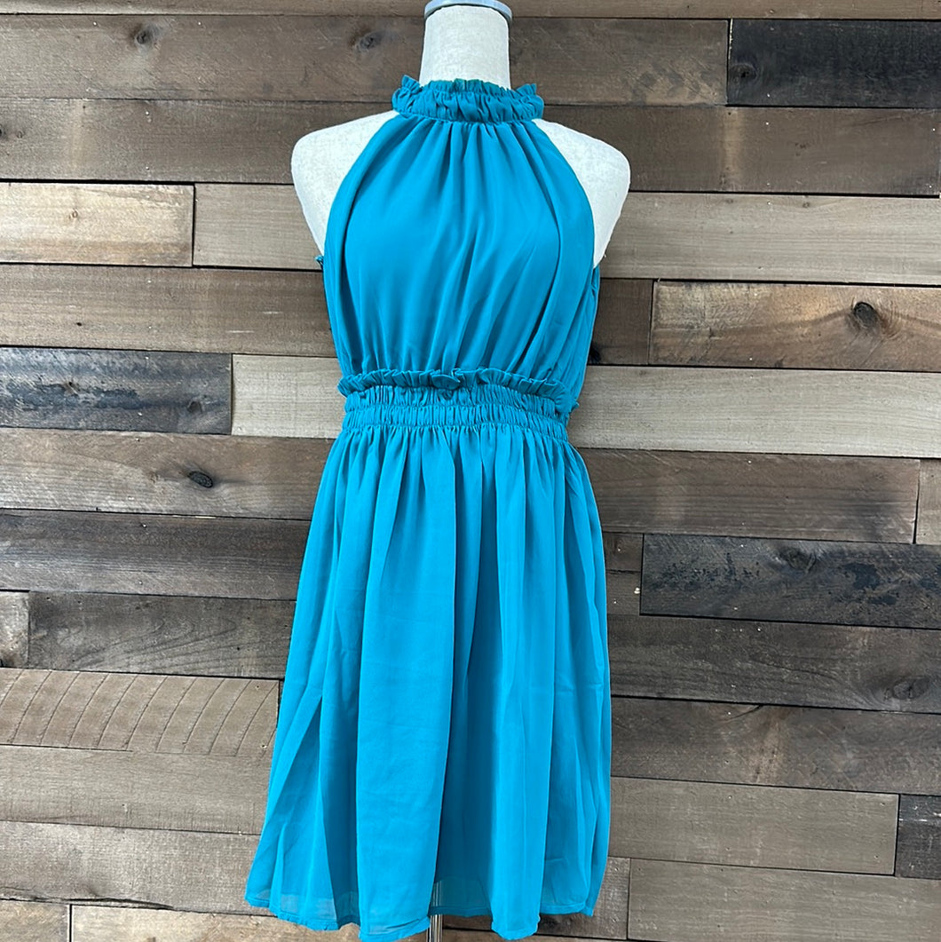 Teal Chiffon High-Neck Mini Dress.