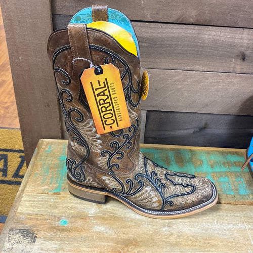 Corral LD Cognac Overlay & Embroidery & Studs Square Toe