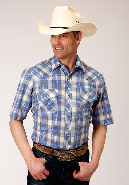 Men's Roper Blue Plaid Pearl Snap