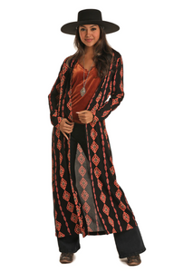 Women's Black and Coral Aztec Maxi Duster