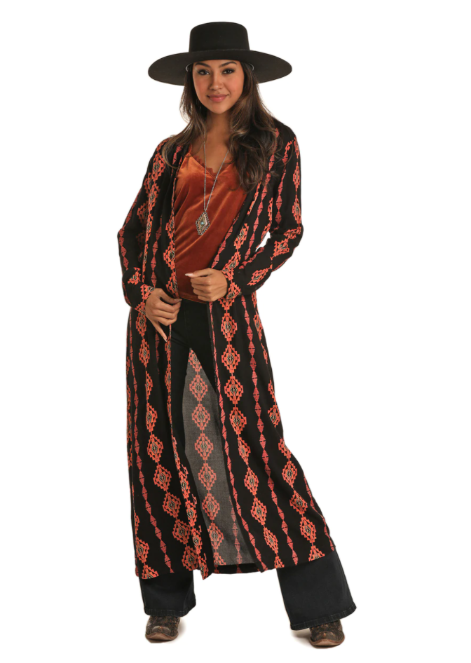 Women's Black and Coral Aztec Maxi Duster