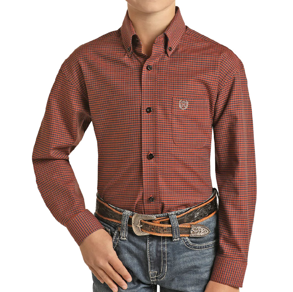Boys Checkered Rust Button Up