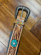 Load image into Gallery viewer, Women’s Sunflower/Teal Flower Leather Belt