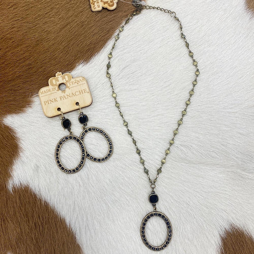 Bronze Oval Necklace & Earrings w/ Black Crystals