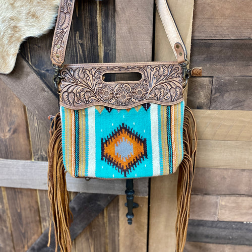 Turquoise Tooled Crossbody Clutch