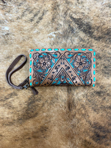 Leather Tooled Clutch w/ Turq. Detail