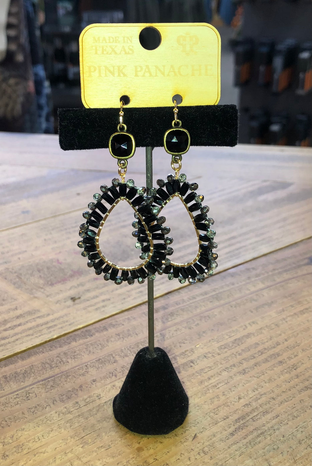 PP Black Beaded Teardrop Earring with Cushion Cut