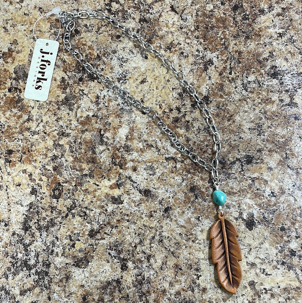 Turquoise Chain W/ Leather Feather