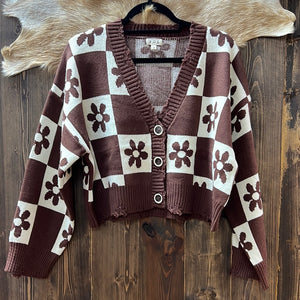 Flower Checker Board Cropped Sweater