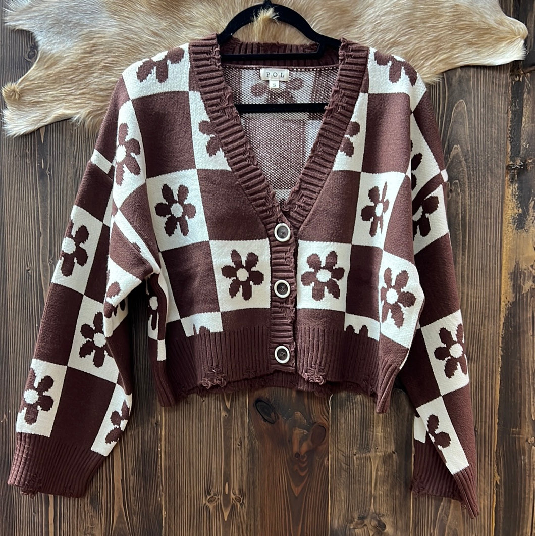 Flower Checker Board Cropped Sweater