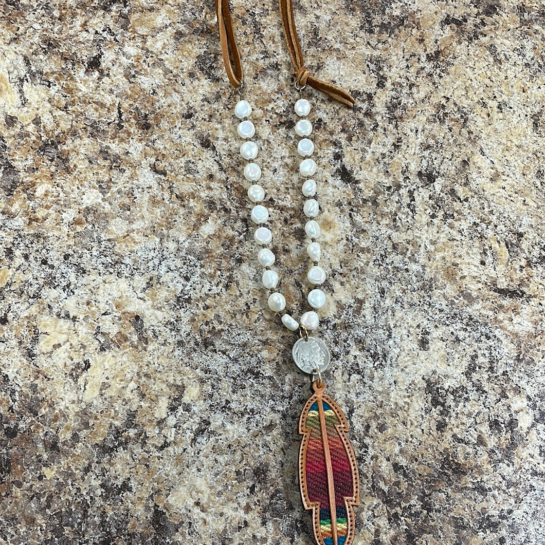 Pearls W/ Buffalo Nickel & Serape Feather Necklace