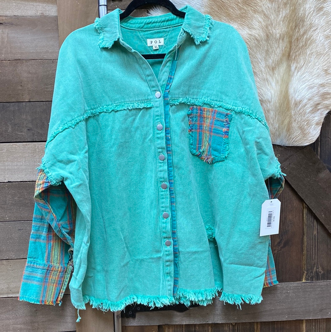 POL Plus Green Plaid Patchwork Shacket