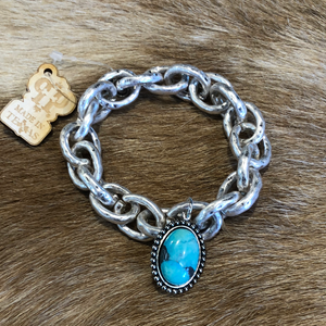 Silver Chain Link Bracelet W/ Turquoise Stone