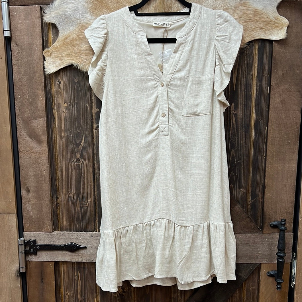 Ruffle Sleeve Linen Dress