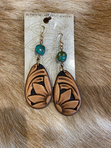 Leather Sunflower Earring with Turquoise Stone