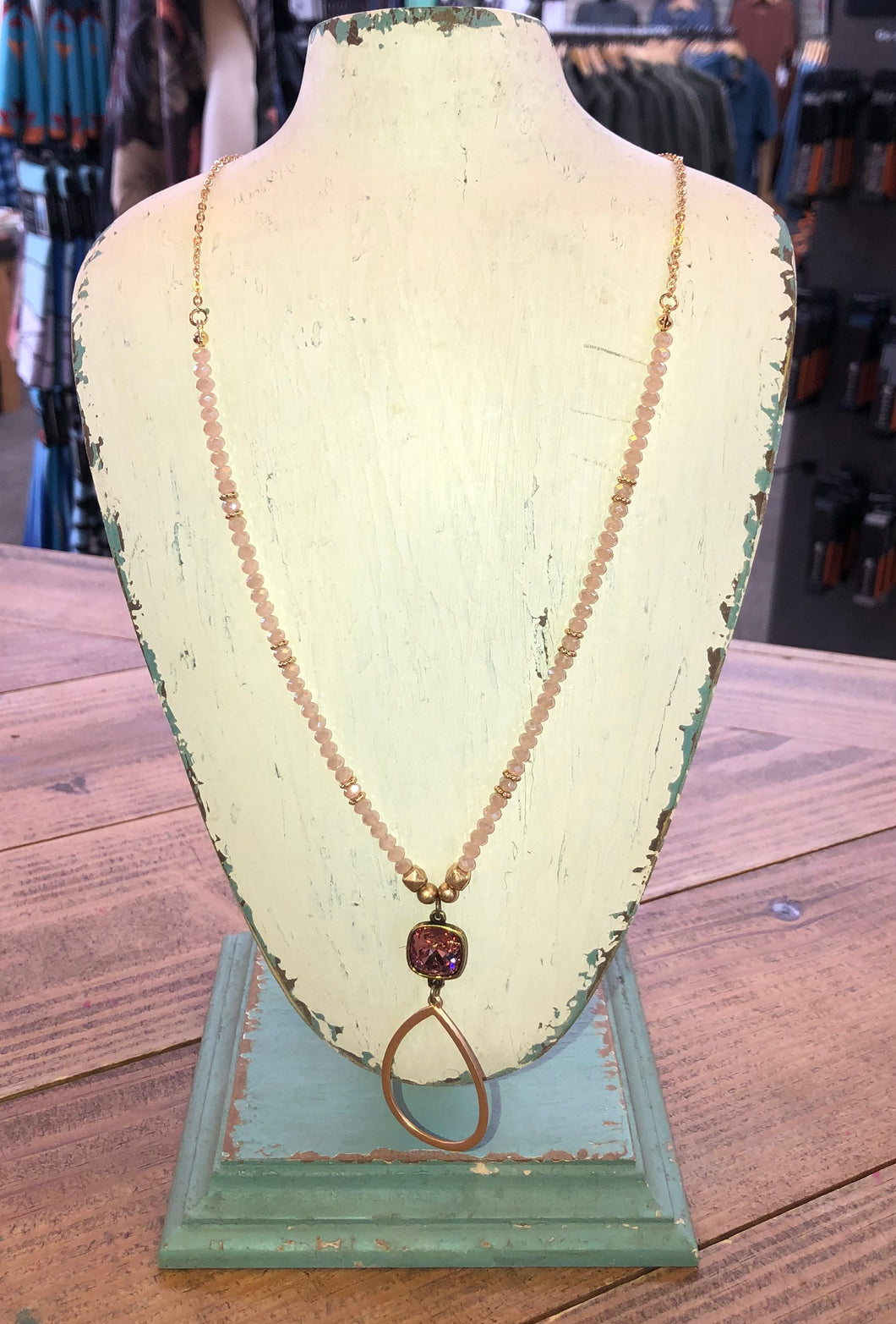 PP Pink Champagne Crystal Bead Necklace with Teardrop Accent