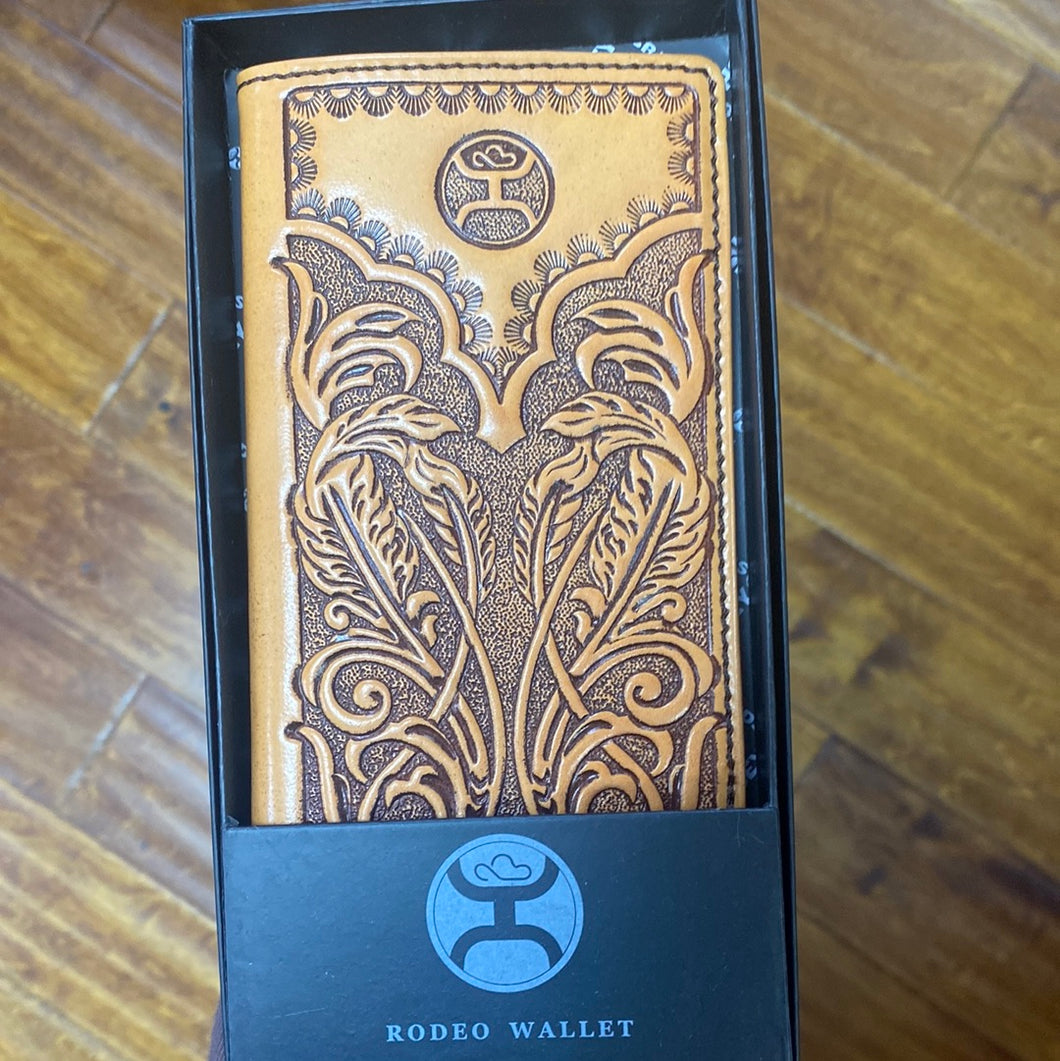 “Phoenix” Hand Tooled Feather Filigree Leather Wallet.